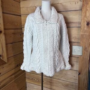 Vintage Wool Cable Knit Cardigan Womens Medium White Zip Up Buffalo Import & Tr.